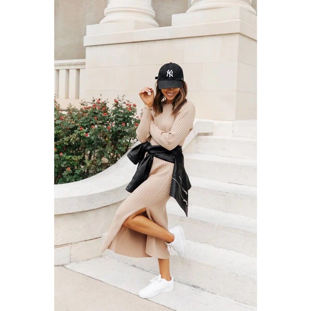 WAYF X BFF New Long sleeve Ribbed Hollie MIDI Camel Sweater Dress XL